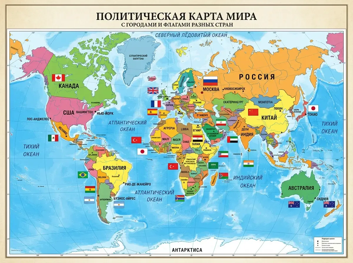 карта мира с отмеченными городами и флагами разных государств